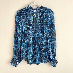 Anthropologie Womens Semi Sheer XS Blouse Blue Tie Floral V-Neck Top Ruffle Neck